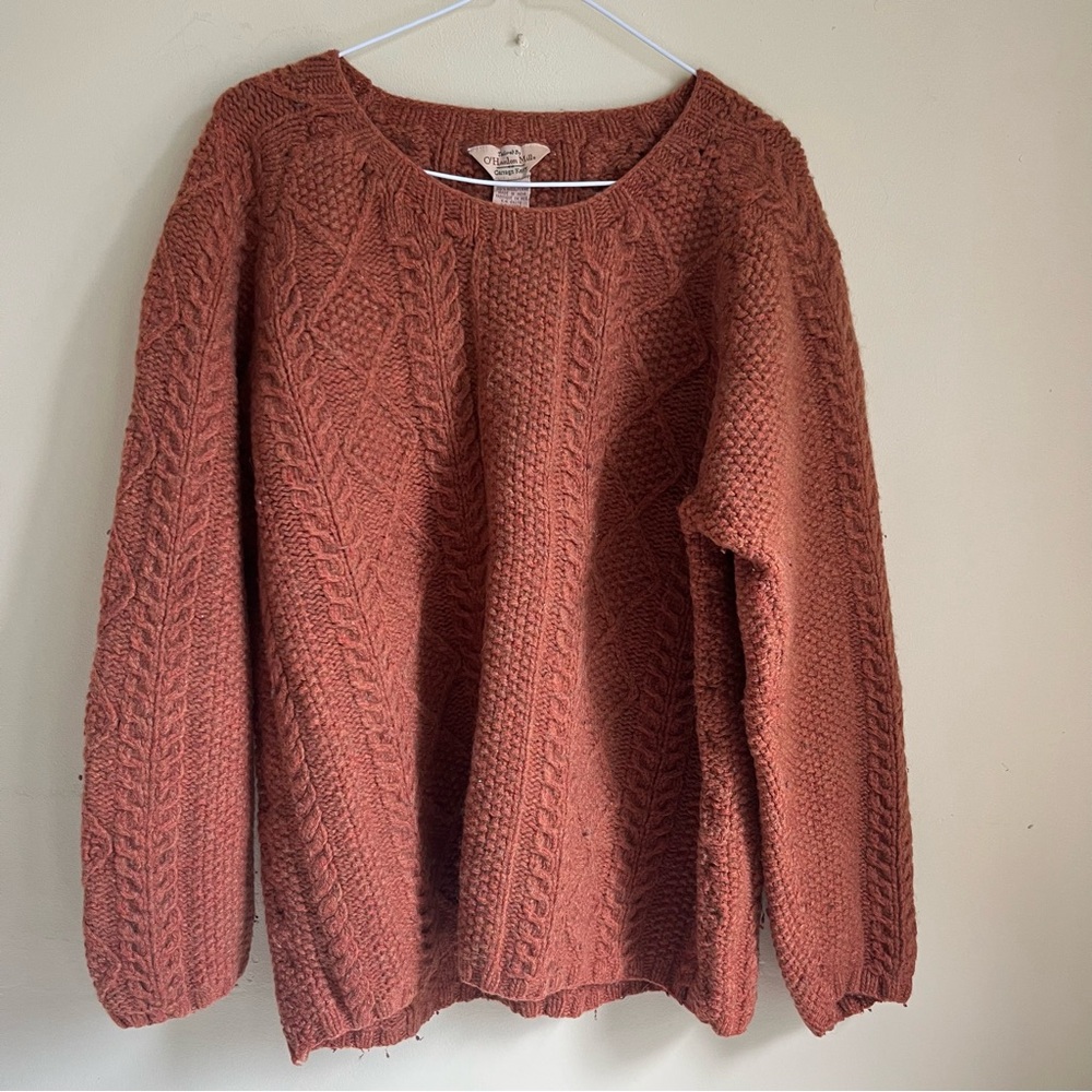 Vintage O’Hanlon Mills Wool Fisherman Chunky Knit Rust Orange Sweater Irish 90’s